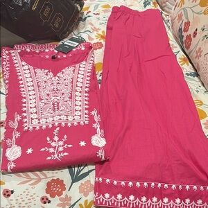 Pakistani 2 piece Embroidered Pink Long Sleeve Dress. Loose pant and shirt.
